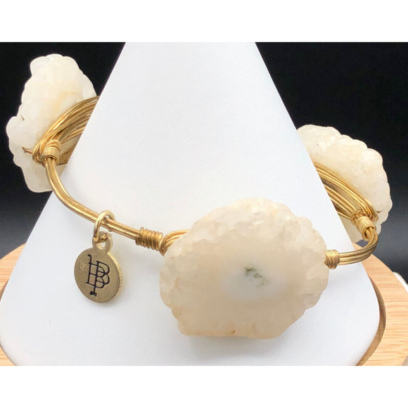 Bourbon & Boweties Bracelet Milky Quartz Slabs Gold Tone Wire Wrapped Bangle - Picture 3 of 7